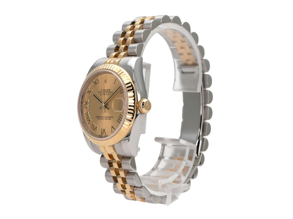 Rolex Datejust 31 Edelstahl Gelbgold 178273 Champagner Römisch Jubile-Band, elegante Armbanduhr mit goldenen Ziffern.