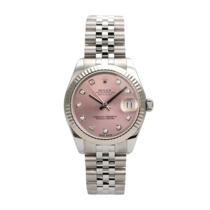 Rolex Datejust 31 Ref. 178274 mit pinkem Diamant-Zifferblatt und Jubile-Band aus Edelstahl.