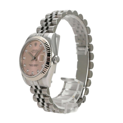 Rolex Datejust 31 Ref. 178274 mit pinkfarbenem Zifferblatt und Jubile-Edelstahl-Armband.