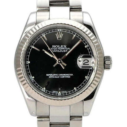 Rolex Datejust 31 Ref. 178274 Schwarz mit schwarzem Zifferblatt und Edelstahlarmband.