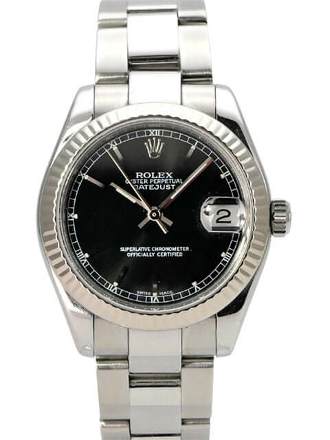 Rolex Datejust 31 Ref. 178274 Schwarz mit schwarzem Zifferblatt und Edelstahlarmband.