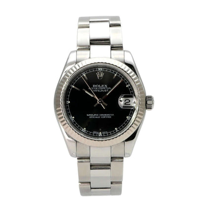 Rolex Datejust 31 Ref. 178274 Schwarz Uhr mit schwarzem Zifferblatt und Edelstahlarmband.
