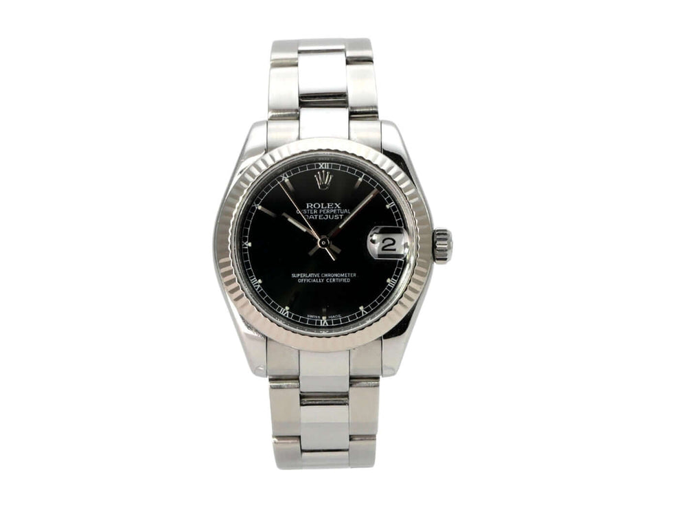 Rolex Datejust 31 Ref. 178274 Schwarz Uhr mit schwarzem Zifferblatt und Edelstahlarmband.