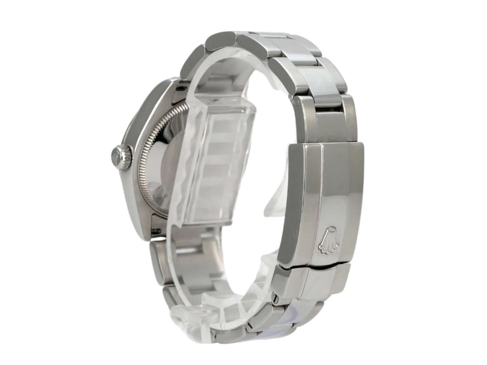 Rolex Datejust 31 Ref. 178274 Schwarz mit poliertem Edelstahlarmband und Faltschließe in seitlicher Ansicht