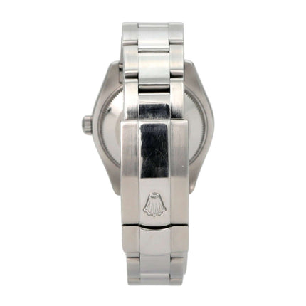 Rolex Datejust 31 Ref. 178274 Schwarz Ansicht von hinten mit Edelstahlarmband und Rolex Logo.