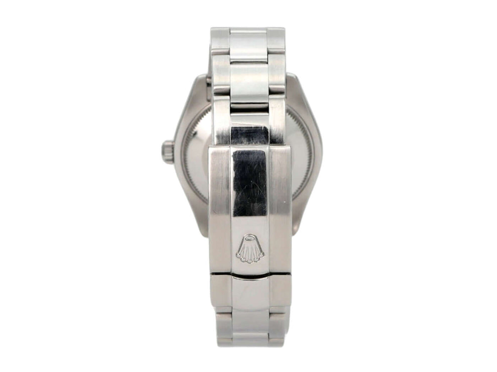 Rolex Datejust 31 Ref. 178274 Schwarz Ansicht von hinten mit Edelstahlarmband und Rolex Logo.