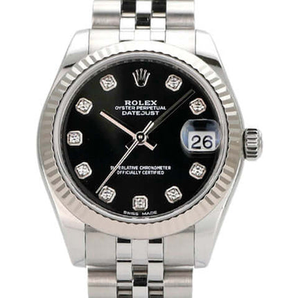 Rolex Datejust 31 178274 mit schwarzem Diamanten Zifferblatt, Edelstahlgehäuse und Jubile-Band.