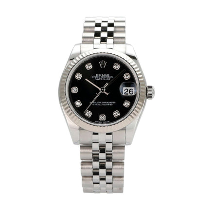 Rolex Datejust 31 Ref. 178274 mit schwarzem Zifferblatt und Jubile-Band, Edelstahl und 18 kt Weißgold.