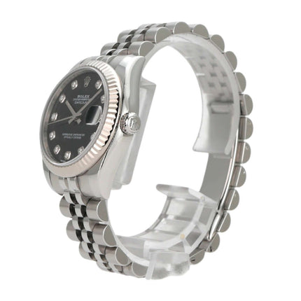 Rolex Datejust 31 Ref. 178274 mit schwarzem Zifferblatt und Jubile-Armband aus Edelstahl.