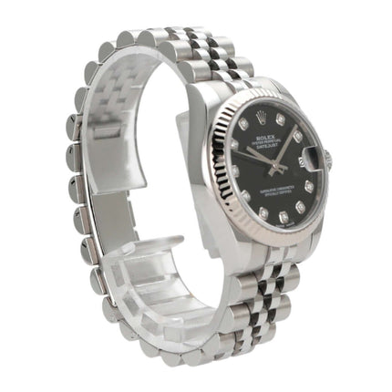 Rolex Datejust 31 Ref. 178274 mit schwarzem Diamanten-Zifferblatt und Jubile-Band aus Edelstahl.