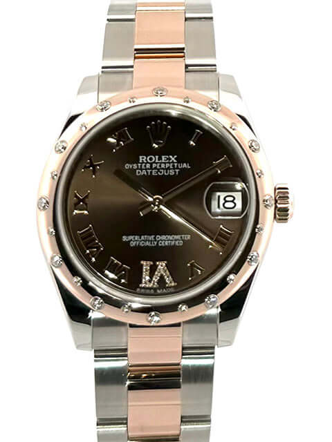 Rolex Datejust 31 Edelstahl Everose-Gold Ref. 178341 mit Choco-Zifferblatt, römischen Ziffern und Diamanten, 18 kt Everose-Gold-Lünette, Oyster-Armband