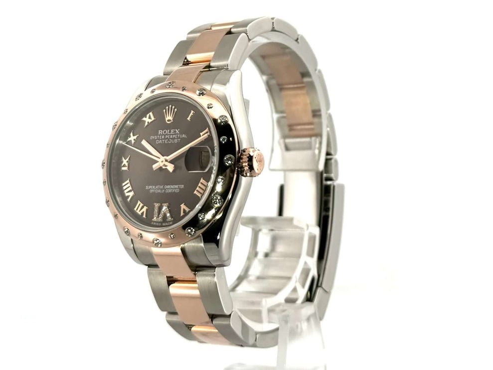 Rolex Datejust 31 Edelstahl Everose-Gold Ref. 178341 Choco-R Diamant mit römischen Ziffern und 24 Diamanten besetzter Lünette.