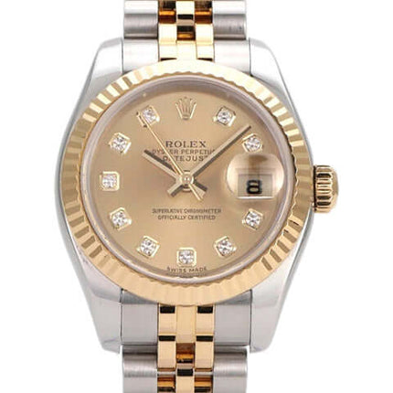 Rolex Datejust 26 Edelstahl Gelbgold 179173 mit champagnerfarbenem Zifferblatt und aufgesetzten Diamanten.