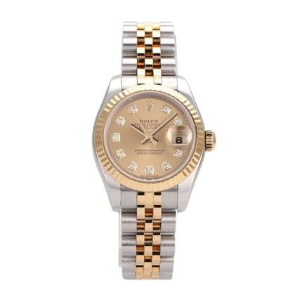 Rolex Datejust 26 Edelstahl Gelbgold 179173 mit champagnerfarbenem Zifferblatt und Diamanten.