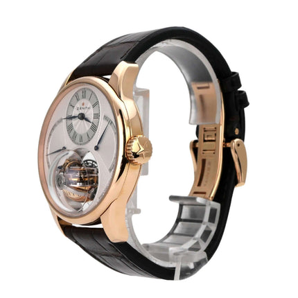 Zenith Academy Christophe Colomb Equation of Time Tourbillon 18.2220.8808/01.C631 seitliche Ansicht mit braunem Lederband