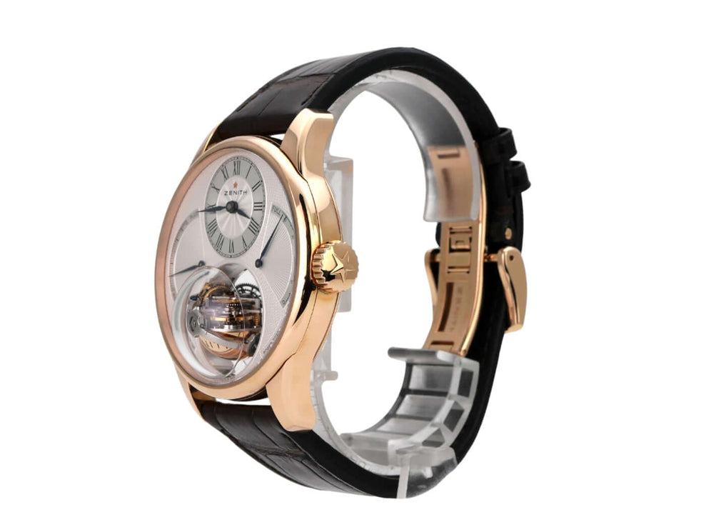 Zenith Academy Christophe Colomb Equation of Time Tourbillon 18.2220.8808/01.C631 seitliche Ansicht mit braunem Lederband