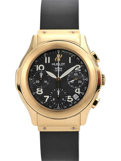 Hublot MDM Chrono 1810.3, 18 kt Gelbgold Gehäuse, schwarze Zifferblatt mit Arabischen Zahlen, schwarzes Kautschuk Armband.
