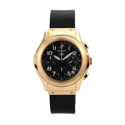 Hublot MDM Chrono 1810.3, 18 kt Gelbgold, schwarzes Zifferblatt, Kautschukarmband, automatische Uhr mit Datumsanzeige.