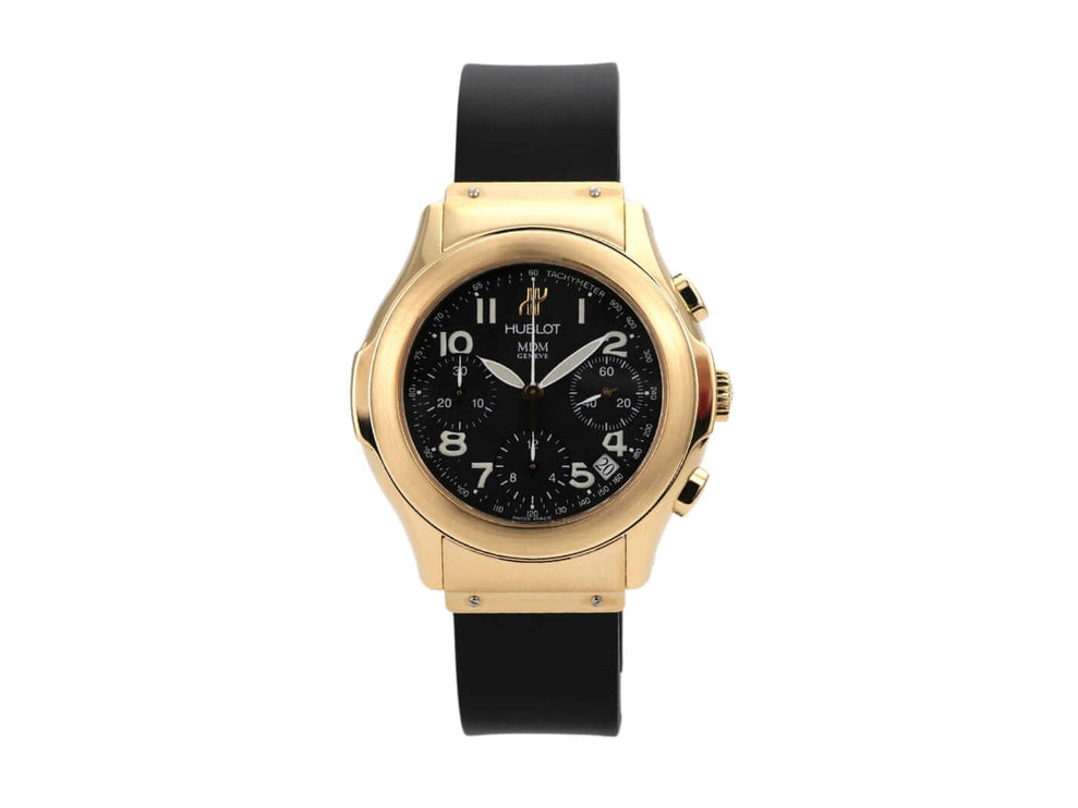 Hublot MDM Chrono 1810.3, 18 kt Gelbgold, schwarzes Zifferblatt, Kautschukarmband, automatische Uhr mit Datumsanzeige.