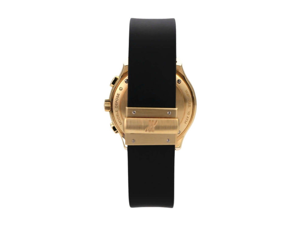Hublot MDM Chrono 1810.3 Uhr im Detail, 18 kt Gelbgold Gehäuse mit schwarzem Kautschukarmband.