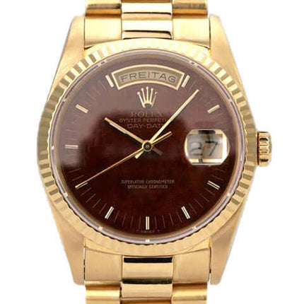 Rolex Day-Date 36 Gelbgold 18238 Wood Dial mit braunem Holz-Zifferblatt und Präsidentenarmband
