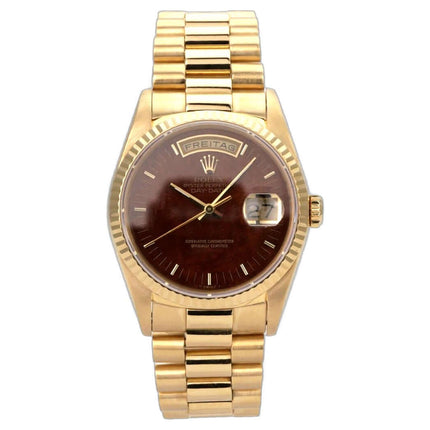 Rolex Day-Date 36 Gelbgold 18238 Wood Dial mit braunem Holz-Zifferblatt und Präsidentenarmband aus 18 kt Gold