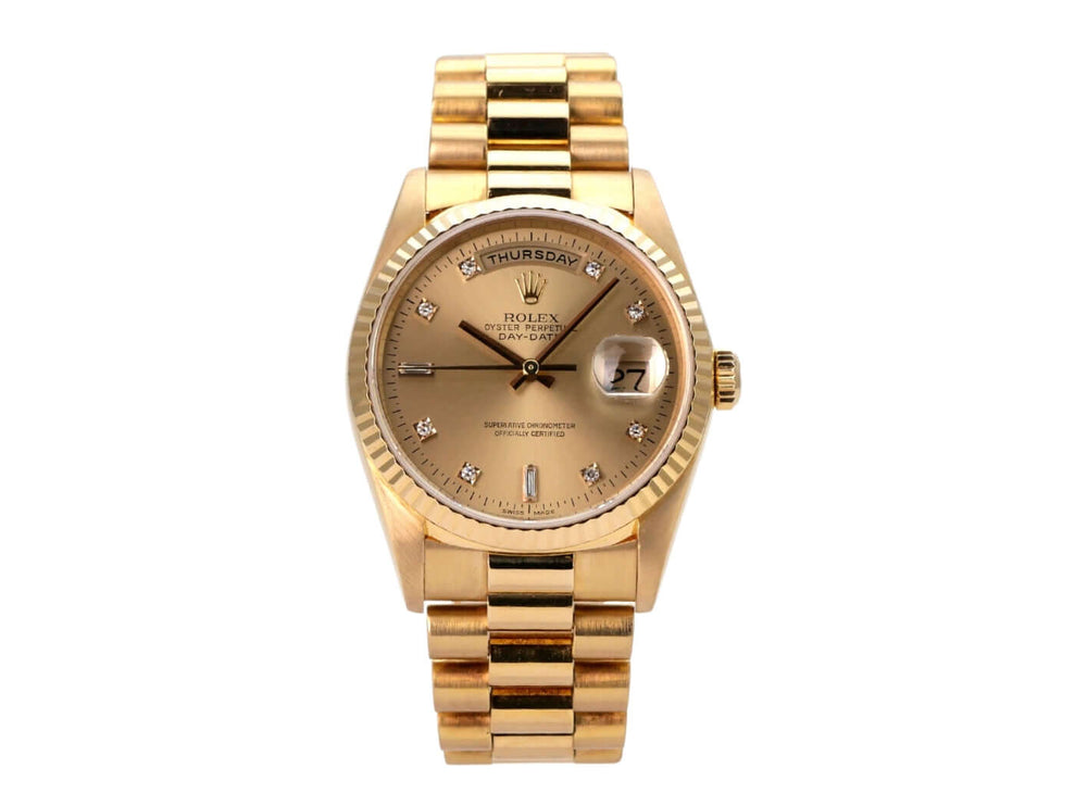 Rolex Day-Date 36 Gelbgold 18238 Champagner Diamant, goldene Luxusuhr mit Diamantindexen