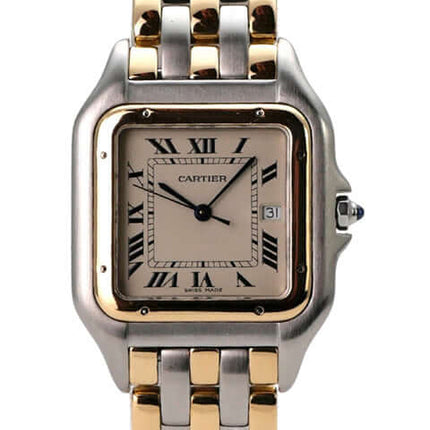 Cartier Panthere Edelstahl Gelbgold 183957 Armbanduhr mit silberfarbenem Zifferblatt und römischen Ziffern