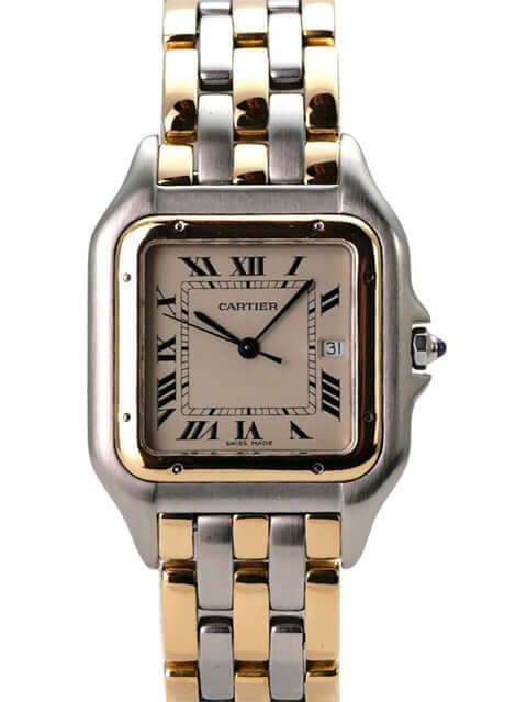 Cartier Panthere Edelstahl Gelbgold 183957 Armbanduhr mit silberfarbenem Zifferblatt und römischen Ziffern