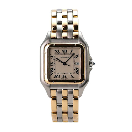 Cartier Panthere Edelstahl Gelbgold 183957 Armbanduhr mit silberfarbenem Zifferblatt und römischen Ziffern