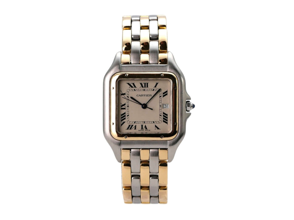 Cartier Panthere Edelstahl Gelbgold 183957 Armbanduhr mit silberfarbenem Zifferblatt und römischen Ziffern