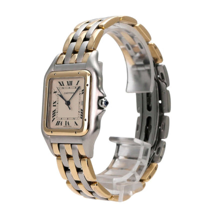 Cartier Panthere Edelstahl Gelbgold 183957 Armbanduhr mit silberfarbenem Zifferblatt und römischen Ziffern.