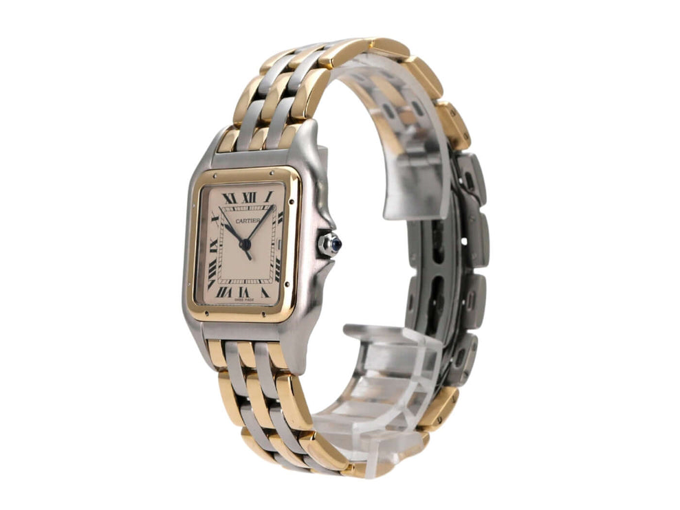 Cartier Panthere Edelstahl Gelbgold 183957 Armbanduhr mit silberfarbenem Zifferblatt und römischen Ziffern.