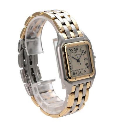 Cartier Panthere Edelstahl Gelbgold 183957 elegante Armbanduhr mit silberfarbenem Zifferblatt und römischen Ziffern.