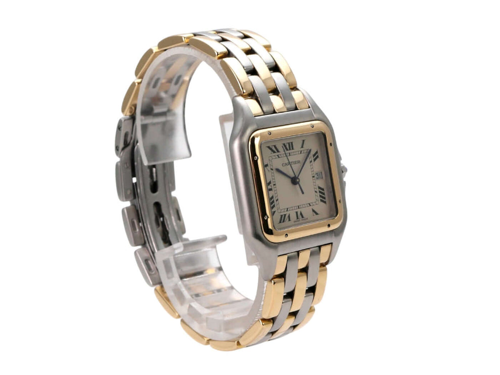 Cartier Panthere Edelstahl Gelbgold 183957 elegante Armbanduhr mit silberfarbenem Zifferblatt und römischen Ziffern.