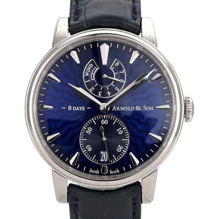 Arnold & Son Eight-Day Royal Navy Blue Uhr mit blauem Zifferblatt und Lederarmband, Handaufzug, Kaliber AS1016