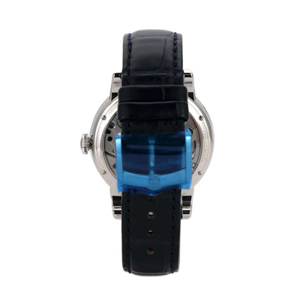 Arnold & Son Acht-Tage Royal Navy Uhr mit blauem Lederarmband und Edelstahlgehäuse von hinten