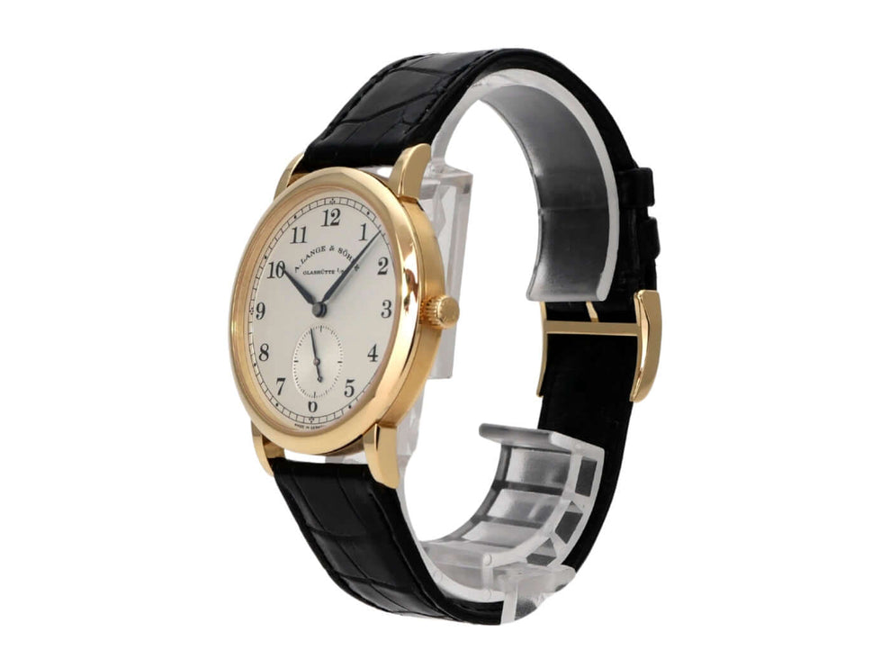A. Lange & Söhne 1815 Gelbgold 206.021, eleganter Luxus-Herrenarmbanduhr mit Gelbgoldgehäuse und schwarzem Lederband