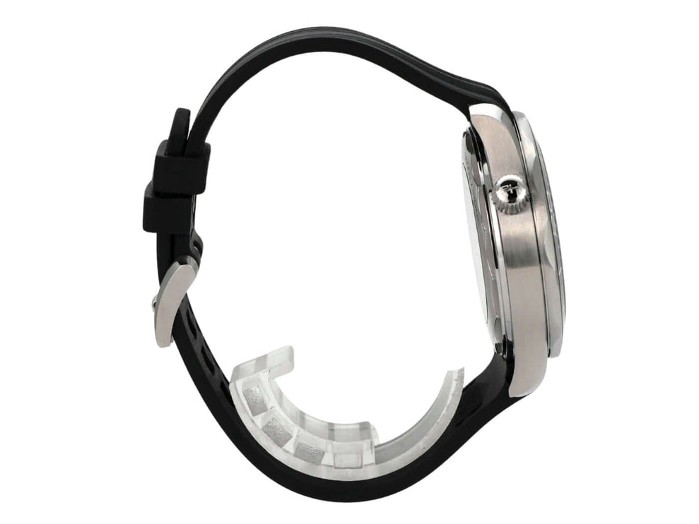 Seiteansicht der OMEGA Seamaster Diver 300M 210.32.42.20.01.001 mit schwarzem Kautschukband.