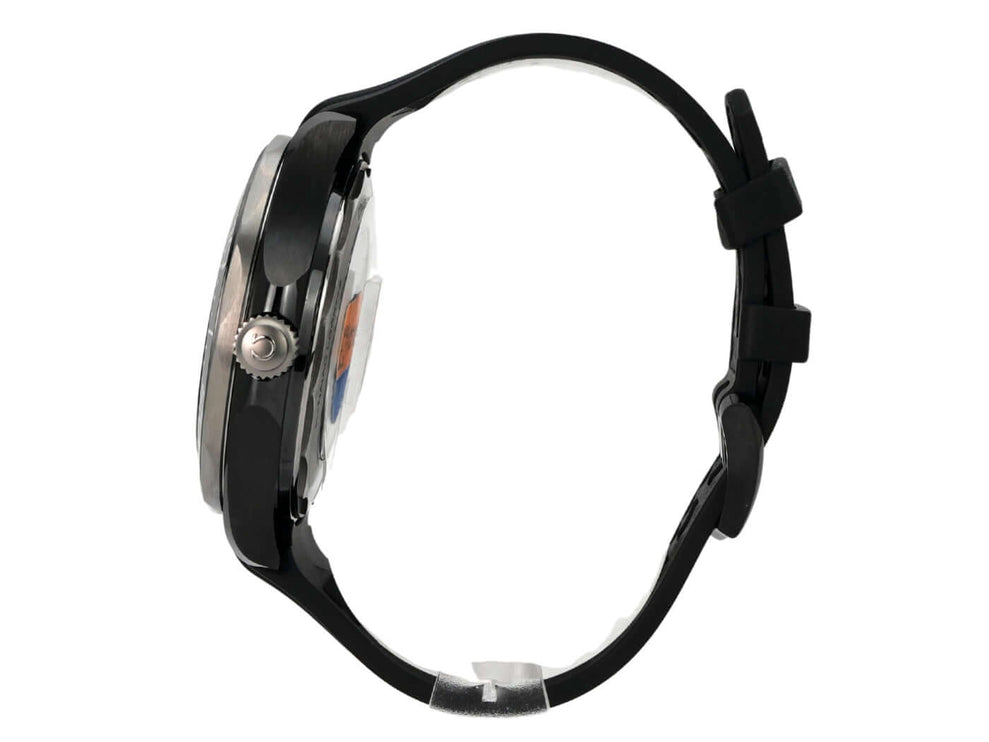 Seitenansicht der OMEGA Seamaster Diver 300 M Master Chronometer 210.92.44.20.01.001 mit schwarzem Kautschukband.