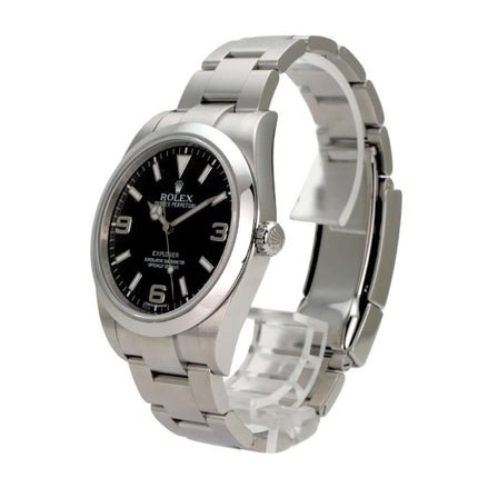 Rolex Explorer I Edelstahl 214270 Uhr mit schwarzem Zifferblatt und Edelstahlarmband in polierter Ausführung.