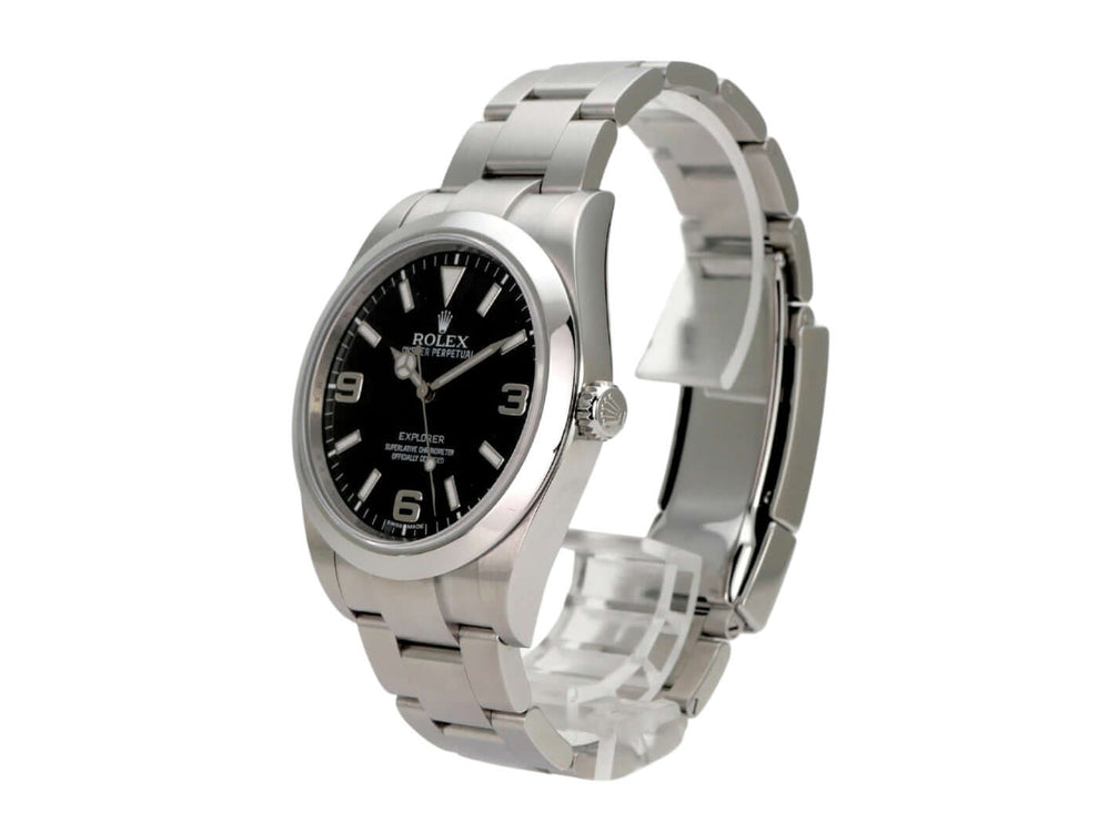 Rolex Explorer I Edelstahl 214270 Uhr mit schwarzem Zifferblatt und Edelstahlarmband in polierter Ausführung.