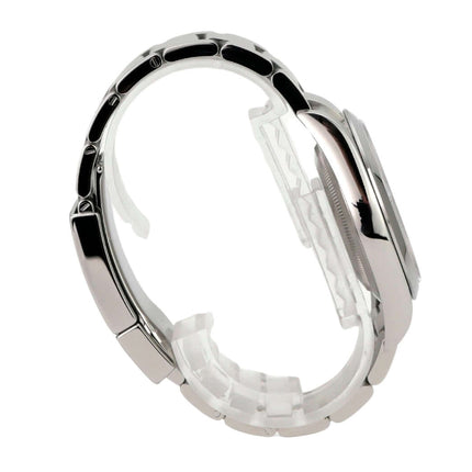 Seitenansicht der Rolex Explorer I Edelstahl 214270 mit poliertem und satiniertem Edelstahlarmband.