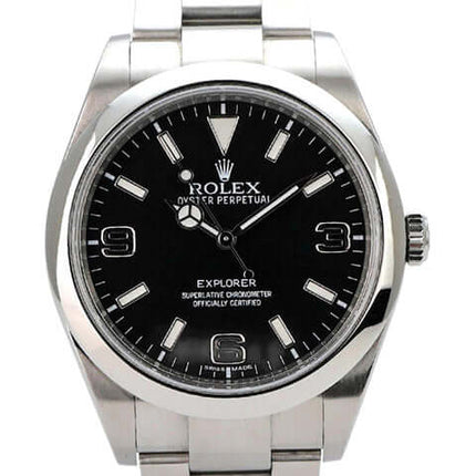 Rolex Explorer I Edelstahl 214270 mit schwarzem Zifferblatt und Edelstahlarmband.