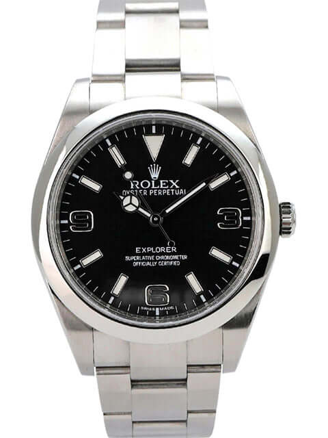 Rolex Explorer I Edelstahl 214270 mit schwarzem Zifferblatt und Edelstahlarmband.