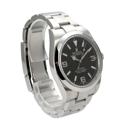 Rolex Explorer I Edelstahl 214270 Armbanduhr mit schwarzem Zifferblatt und poliertem Edelstahlarmband