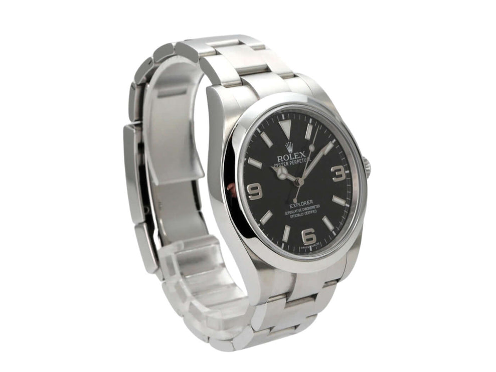 Rolex Explorer I Edelstahl 214270 Armbanduhr mit schwarzem Zifferblatt und poliertem Edelstahlarmband