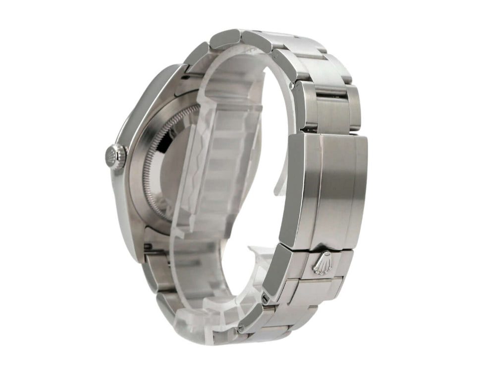 Seitenansicht der Rolex Explorer I Edelstahl 214270 mit poliertem und satiniertem Edelstahlband.