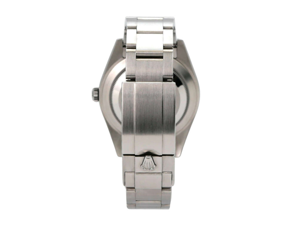 Rückansicht der Rolex Explorer I Edelstahl 214270 mit poliertem und satiniertem Edelstahlband.