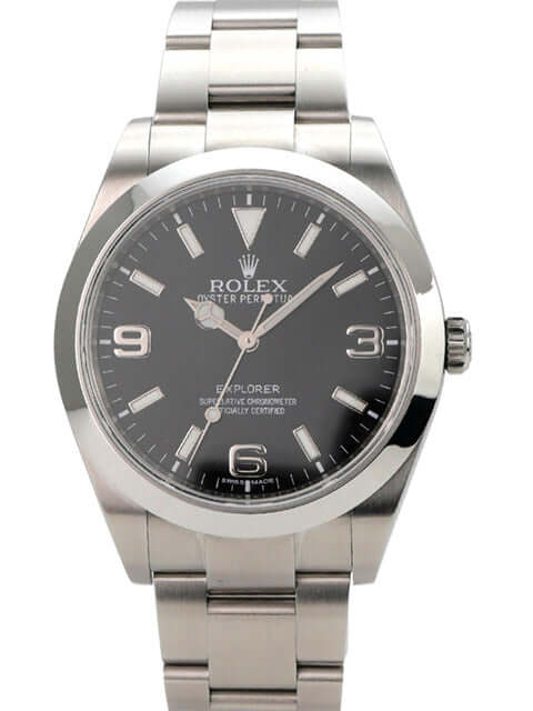 Rolex Explorer I Edelstahl 214270 mit schwarzem Zifferblatt und glänzendem Edelstahlarmband.